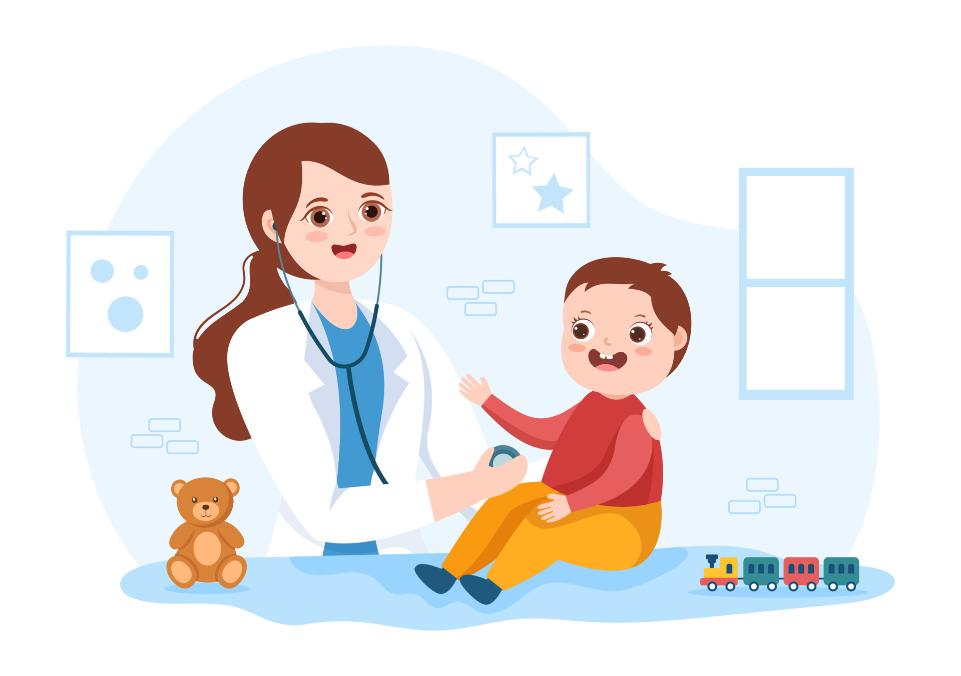 pediatra examina crianças e bebês doentes para desenvolvimento médico,  vacinação e tratamento em ilustração de modelos desenhados à mão de desenhos  animados planos 16638885 Vetor no Vecteezy